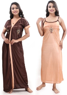 SIDWA Women Nighty with Robe(Brown, Beige)