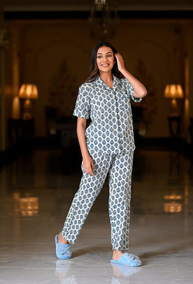 Sanskrutihomes Women Printed Blue Shirt & Pyjama set