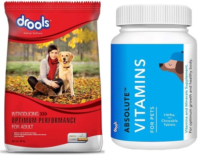 Drools Optimum Performance Adult Dog Food, 20kg & Absolute Vitamin Tablet- 110 Pcs Chicken 20.4 kg (2x10.2 kg) Dry Adult Dog Food