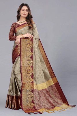 KHANJAN FASHION Self Design Banarasi Silk Blend, Jacquard Saree(Grey)