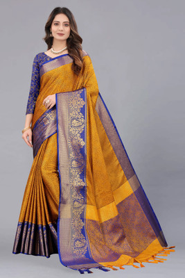 DEAR BUNNY Self Design Ikkat Cotton Silk Saree(Mustard)