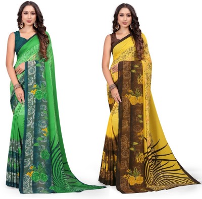 Harsiddhi fashion Geometric Print, Striped, Floral Print Daily Wear Chiffon Saree(Green, Yellow)