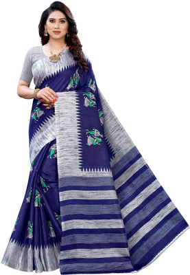 VCREATION Self Design Madhubani Pure Silk Saree(Dark Blue)