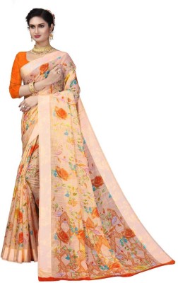 NehaSilkMills Floral Print Bollywood Cotton Blend, Satin Saree(Orange)