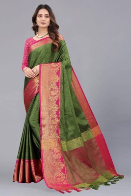 KHANJAN FASHION Printed Paithani Silk Blend, Jacquard Saree(Dark Green)