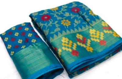 estrella fashion Floral Print Bollywood Cotton Linen Saree(Light Blue)