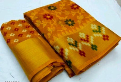estrella fashion Floral Print Bollywood Cotton Linen Saree(Orange)