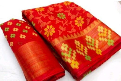 estrella fashion Floral Print Bollywood Cotton Linen Saree(Red)