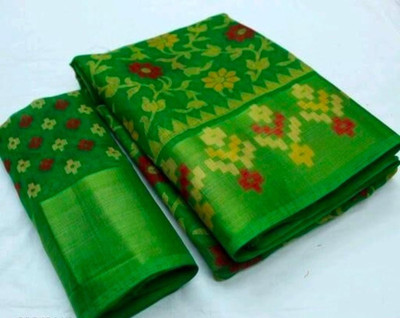 Saadhvi Floral Print Bollywood Cotton Linen Saree(Green)