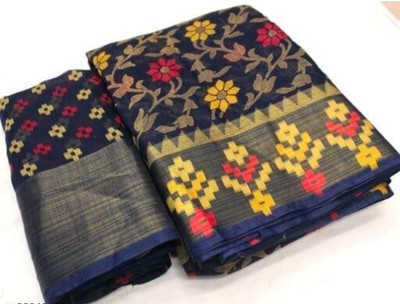 estrella fashion Floral Print Bollywood Cotton Linen Saree(Dark Blue)