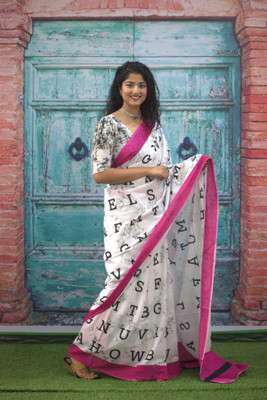 DASTKARPRINT Printed, Color Block, Blocked Printed, Floral Print, Dyed Daily Wear Pure Cotton Saree(White)