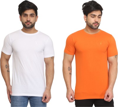 Kundan Solid Men Round Neck White, Orange T-Shirt