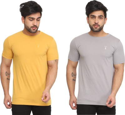 Kundan Solid Men Round Neck Grey, Yellow T-Shirt