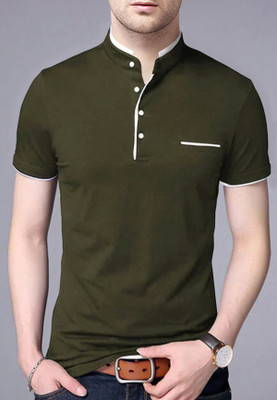 AUSK Solid Men Mandarin Collar Dark Green T-Shirt