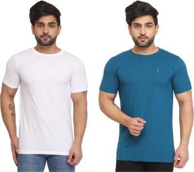 Kundan Solid Men Round Neck White, Blue T-Shirt