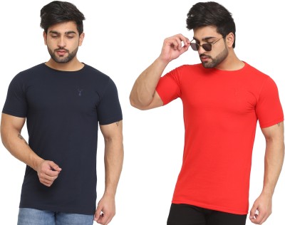 Kundan Solid Men Round Neck Dark Blue, Red T-Shirt