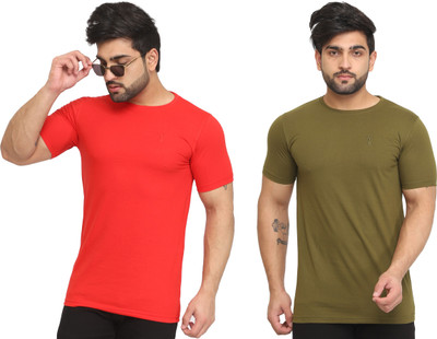 Kundan Solid Men Round Neck Red, Brown T-Shirt