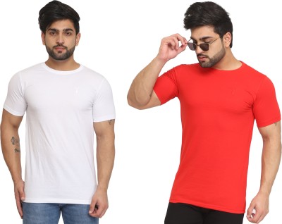 Kundan Solid Men Round Neck Red, White T-Shirt