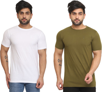 Kundan Solid Men Round Neck White, Green T-Shirt