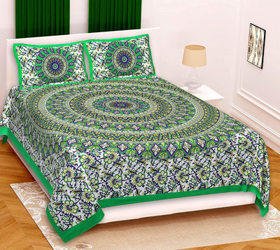 ETHNICO 104 TC Cotton Double Jaipuri Prints Flat Bedsheet(Pack of 1, Green)