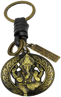 AFH Lord Ganesh Bronze Metal Leather Decorative Key Charm Key Chain for Gift Key Chain