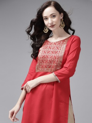 Indo Era Women Self Design Straight Kurta(Red)