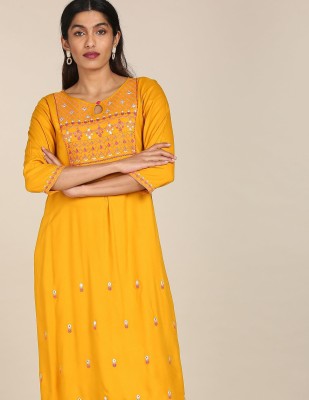 Karigari Women Printed Trail Cut Kurta(Yellow)