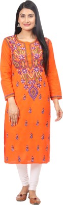 Golden Chikan Export Women Embroidered Straight Kurta(Orange)