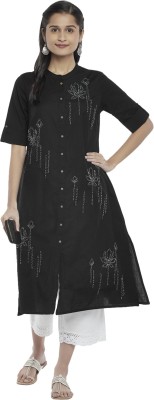 Rangmanch by Pantaloons Women Embroidered Frontslit Kurta(Black)