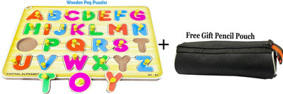 SHALAFI Alphabet Letters Sorting Board Puzzle Blocks Matching Learning Toy+Pencil Pouch(Beige, Multicolor)