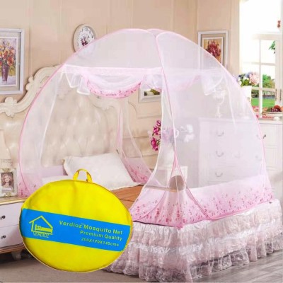 VERDIOZ Polyester Adults Washable QUEEN SIZE BED, Corrosion free steel frame, double yarn 30 gsm, export quality Mosquito Net(Pink, Tent)