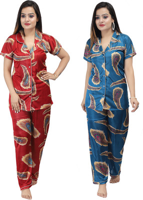 KV2 Women Printed Maroon, Green Night Suit Set