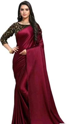 Hari Om Fab Solid/Plain Bollywood Satin Saree(Maroon)