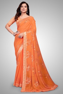 Hirvanti Fashion Self Design, Embroidered, Embellished Bollywood Georgette Saree(Orange)