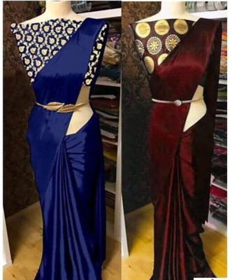 Hari Om Fab Solid/Plain Bollywood Satin Saree(Pack of 2, Blue, Maroon)