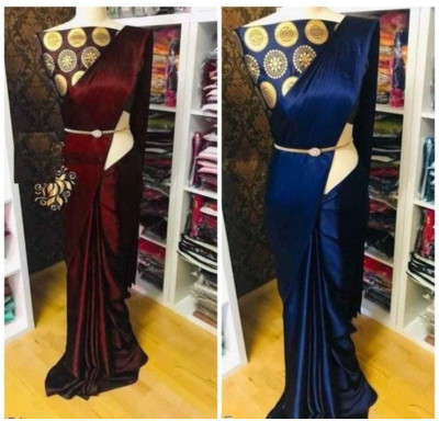 Hari Om Fab Solid/Plain Bollywood Satin Saree(Pack of 2, Brown, Blue)