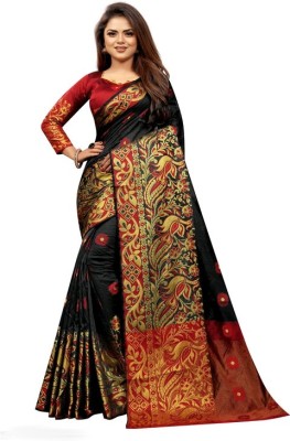 KanjiQueen Woven Kanjivaram Cotton Silk, Silk Blend Saree(Black)