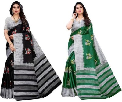 Spacekart Printed Bollywood Pure Silk Saree(Pack of 2, Green, Black)