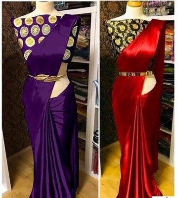 Hari Om Fab Solid/Plain Bollywood Satin Saree(Pack of 2, Purple, Red)