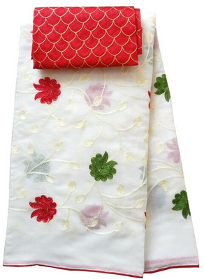 KanjiQueen Embroidered Banarasi Cotton Blend, Chanderi Saree(White)