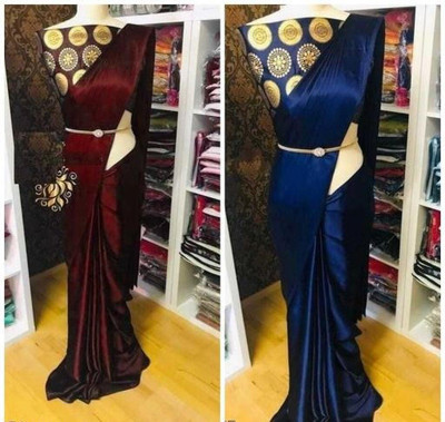 Hari Om Fab Solid/Plain Bollywood Satin Saree(Pack of 2, Blue, Maroon)