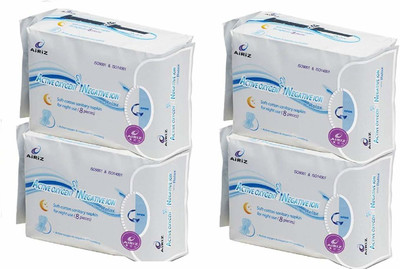 AIRIZ Active Oxygen & Negative Ion Soft-Cotton Sanitary Pads For Night Use, Pack Of 4 (32 Pieces) Sanitary Pad(Pack of 4)