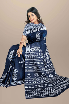 DASTKARPRINT Printed, Color Block, Blocked Printed, Floral Print, Dyed Daily Wear Pure Cotton Saree(Blue)