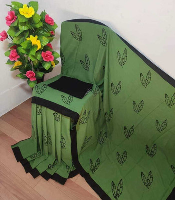 Jaipuri Print Printed Daily Wear Pure Cotton Saree(Green, Black)