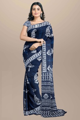 NIKHILAM Printed Daily Wear Pure Cotton Saree(Blue, White)