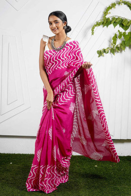 NIKHILAM Printed Daily Wear Pure Cotton Saree(Pink)