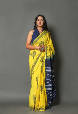 Jaipuri Print Printed Daily Wear Pure Cotton Saree(Yellow)