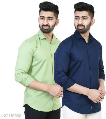 BOUGHT FIRST Men Solid Casual Dark Blue, Light Green Shirt(Pack of 2)