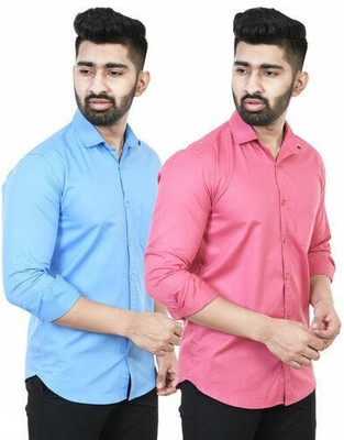BOUGHT FIRST Men Solid Casual Light Blue, Pink Shirt(Pack of 2)