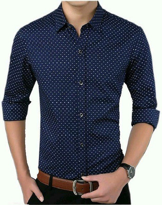 BOUGHT FIRST Men Polka Print Casual Blue Shirt